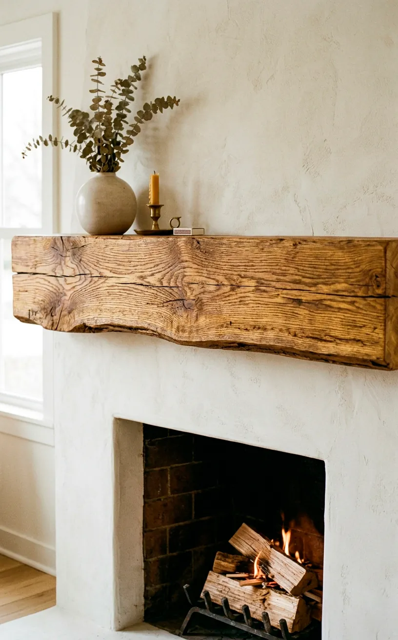 A beautiful live-edge reclaimed oak wood floating mantel over a minimalist fireplace.