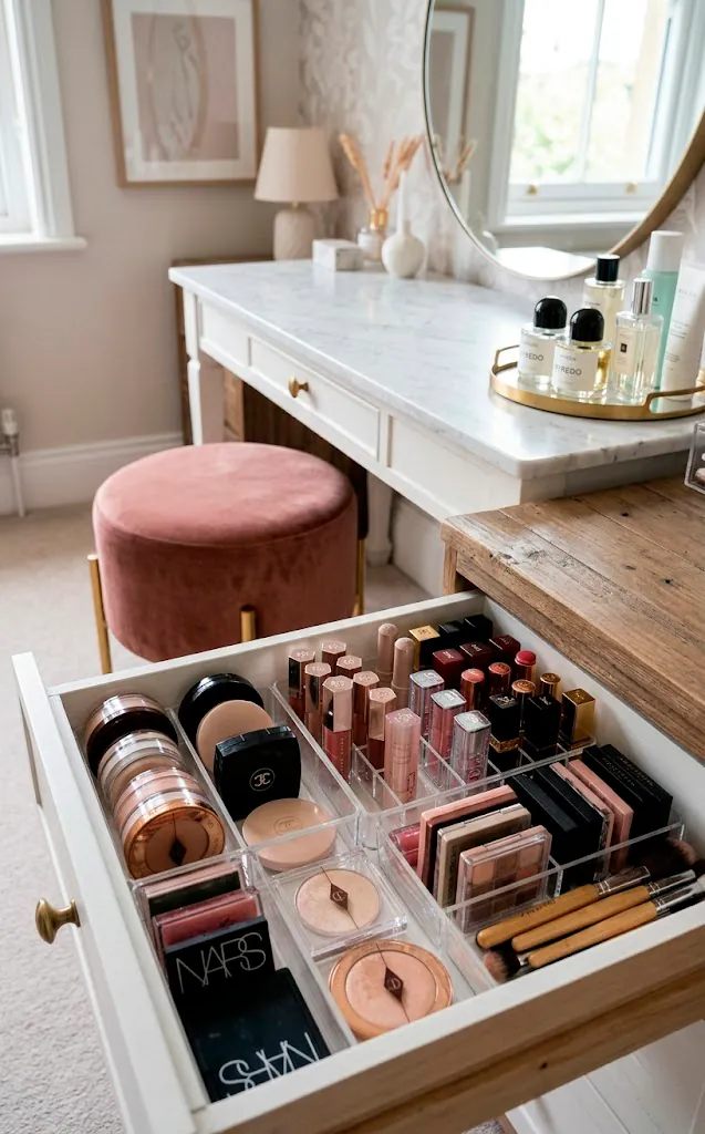 Organized vanity drawer with clear acrylic dividers and a velvet stool tucked underneath.