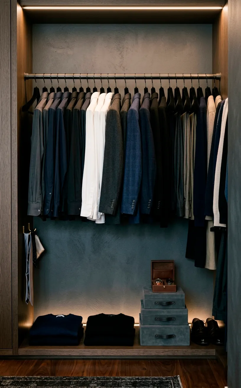 Perfectly organized closet featuring identical black velvet hangers on a dark gray wall.