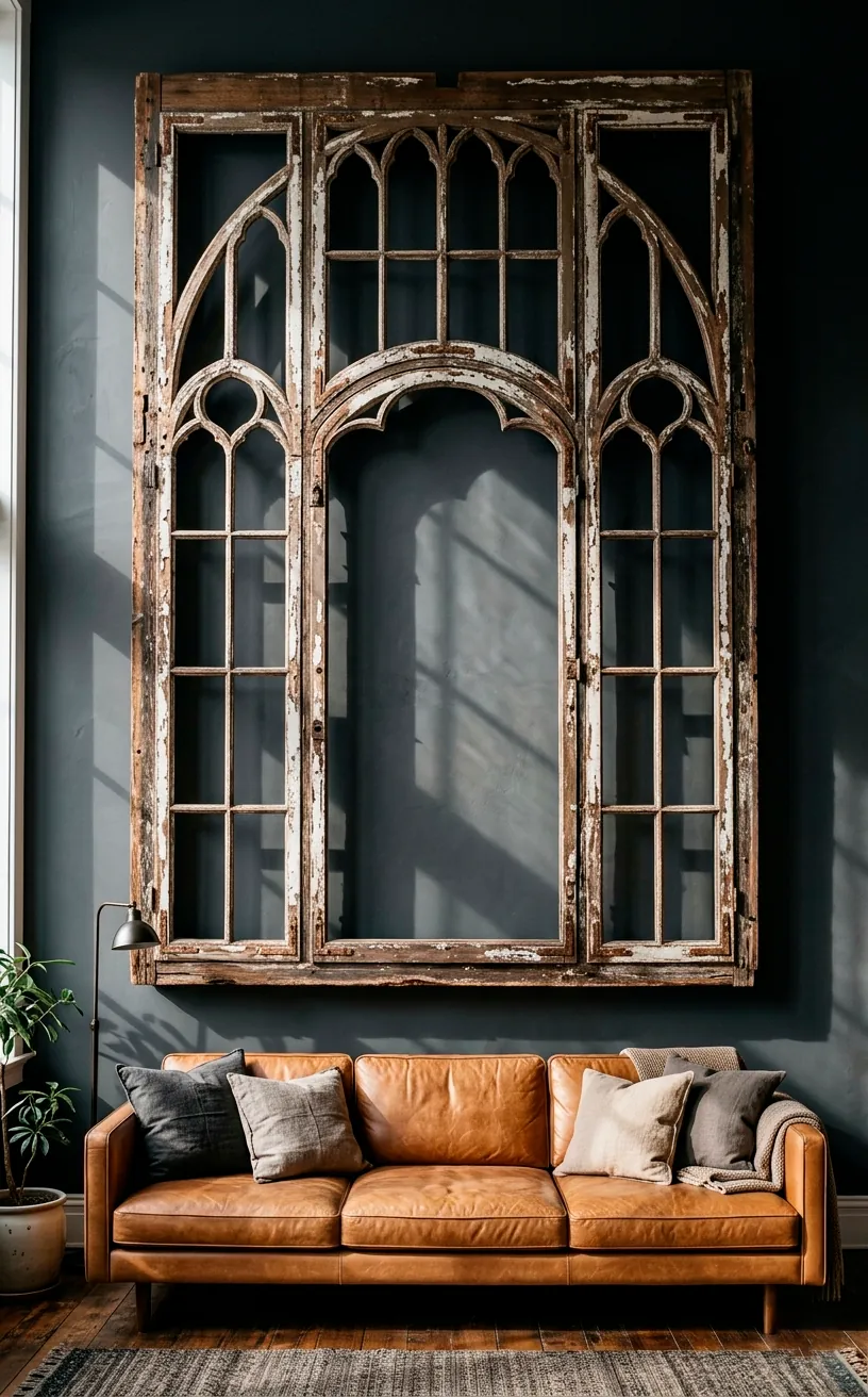 A distressed wooden cathedral window frame hanging above a tan leather sofa.