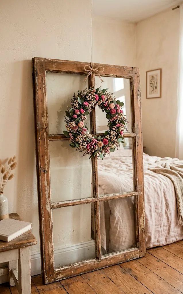 Distressed wooden window frame leaning against wall with a berry wreath.