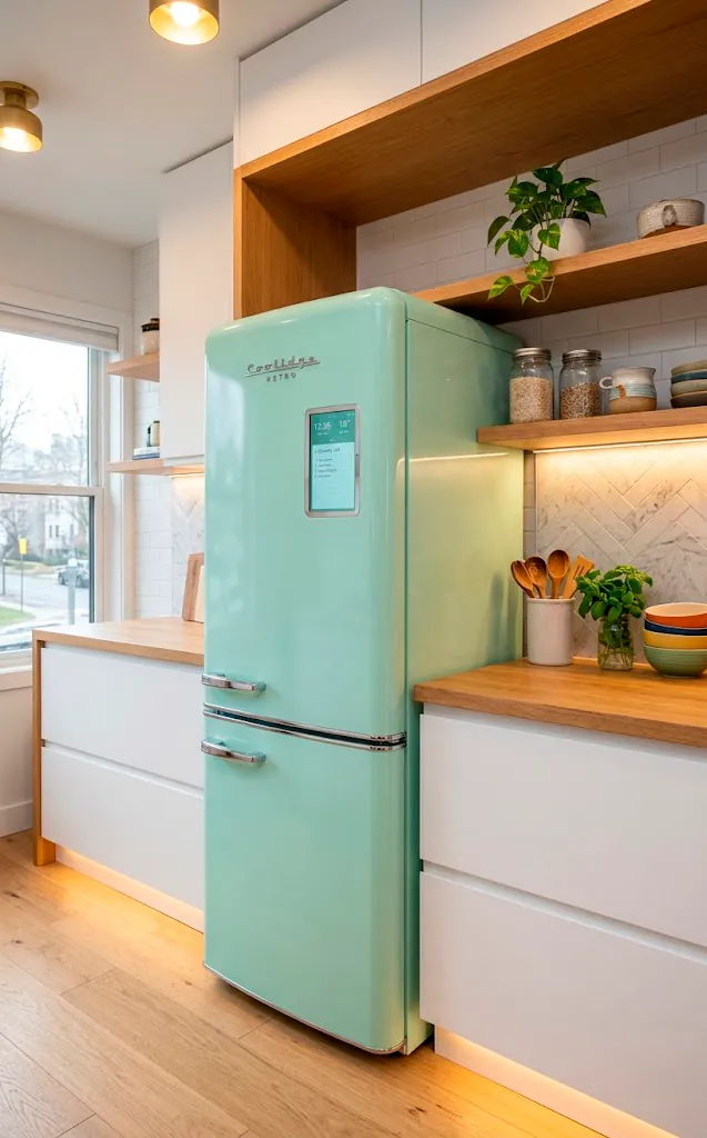 Pastel mint green retro smart refrigerator with chrome handles in a modern kitchen.