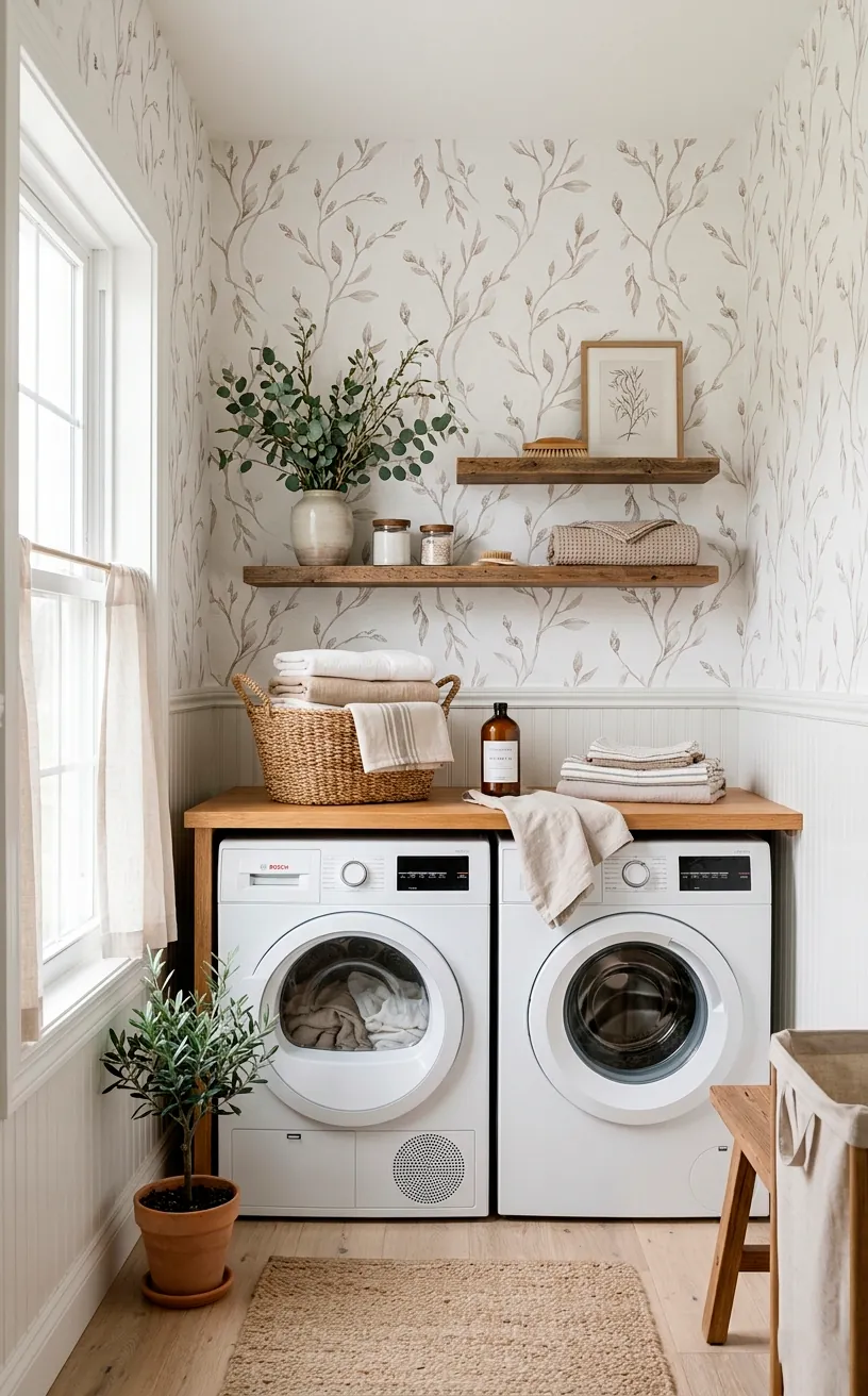 Peaceful laundry room featuring pale willow branch wallpaper in warm taupe over a white background