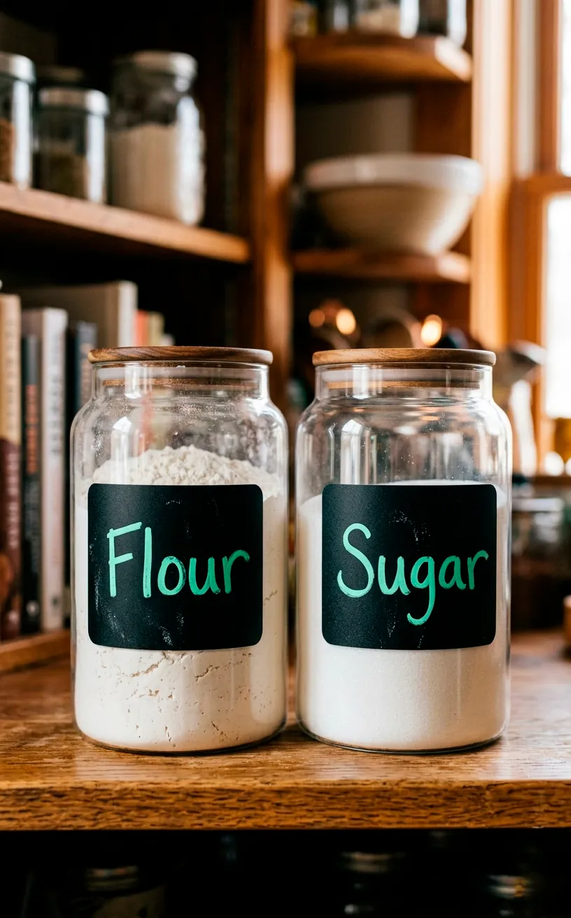 Clear glass pantry jars adorned with stylish matte black chalkboard labels written elegantly in mint green liquid chalk.