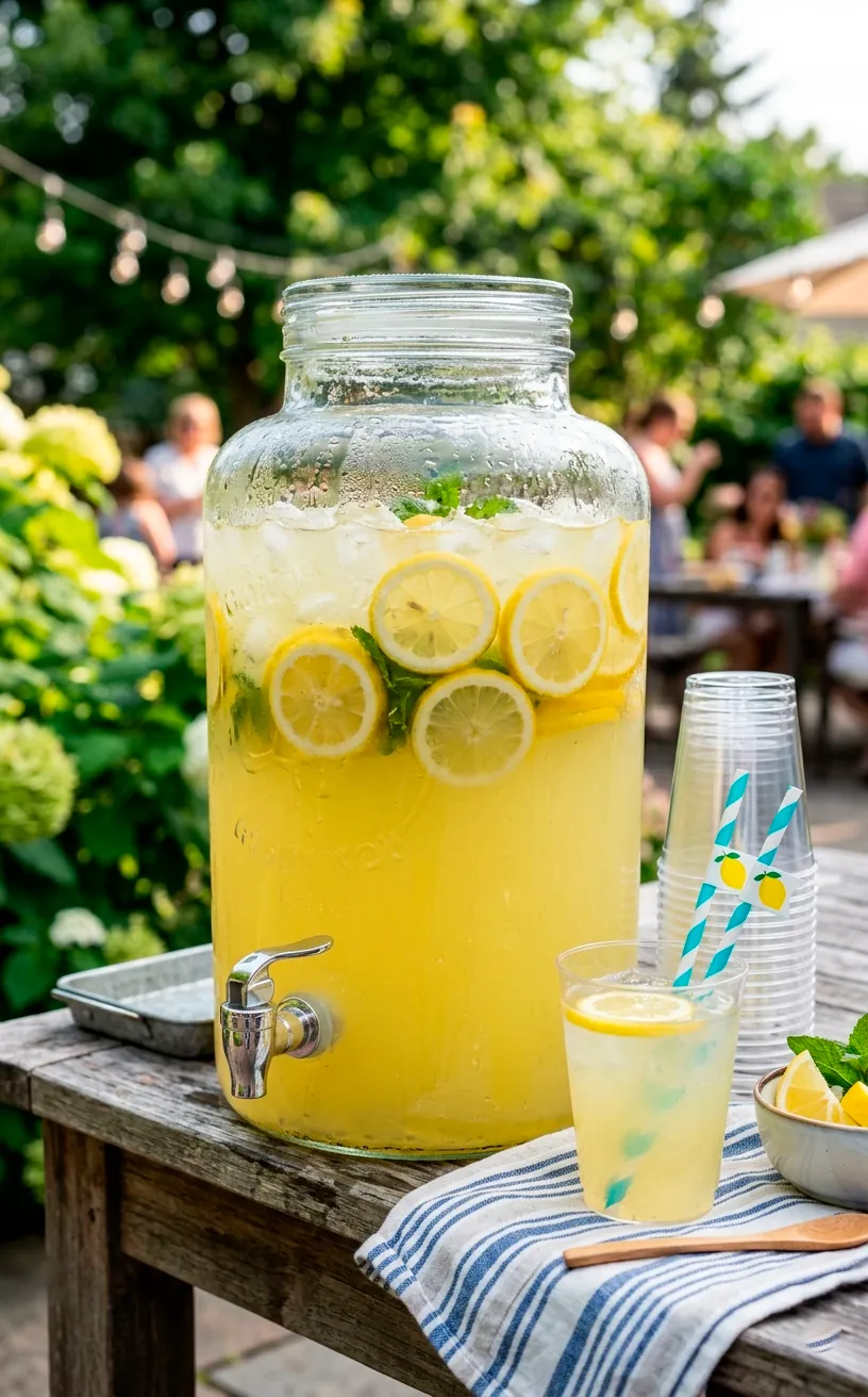 Glass beverage dispenser filled with lemonade and floating citrus slices