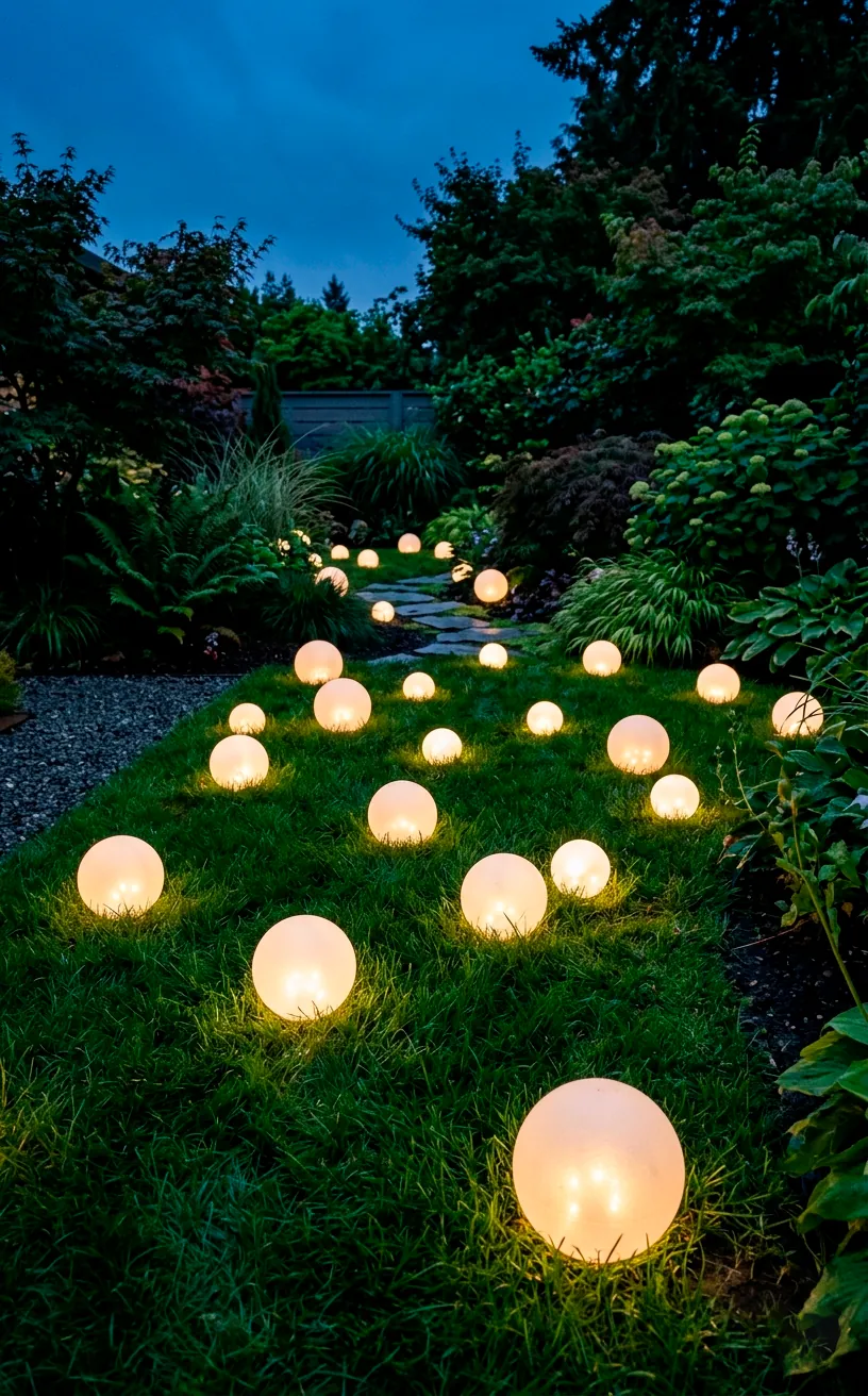 Glowing white LED acrylic orbs scattered on a garden lawn at twilight.
