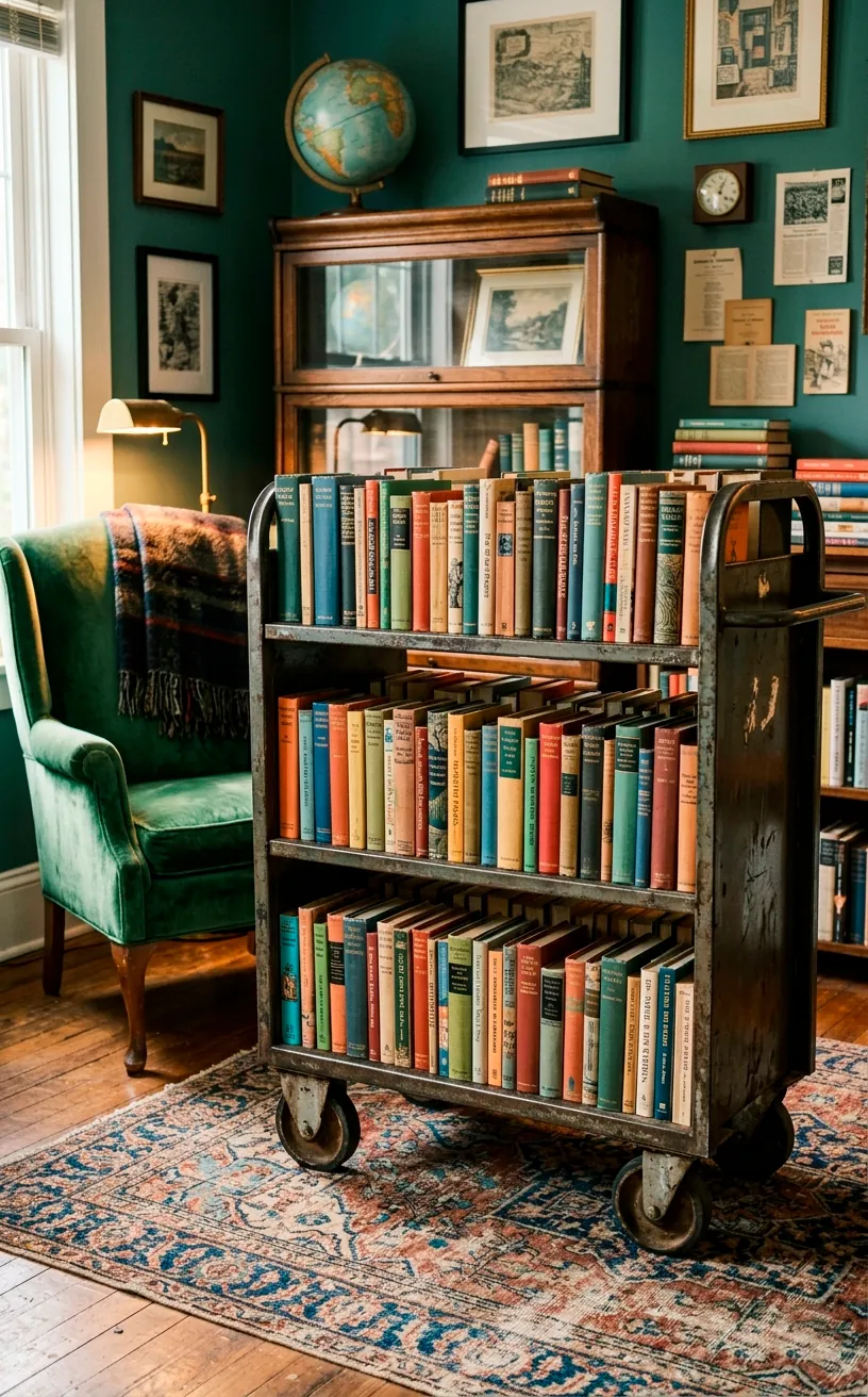 Vintage industrial rolling metal book cart filled with books on a Persian rug.