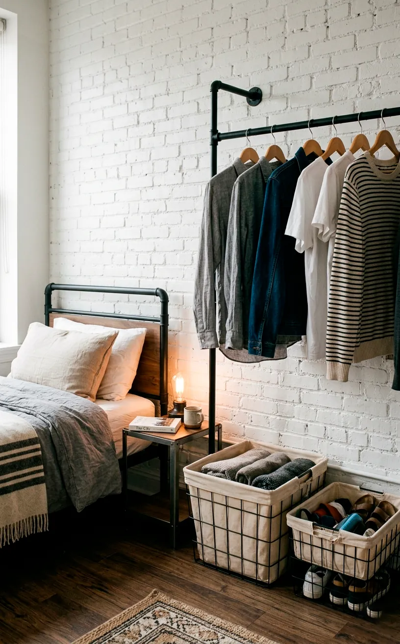 Minimalist matte black metal clothing rack holding wooden hangers and wire storage baskets in a bedroom corner.