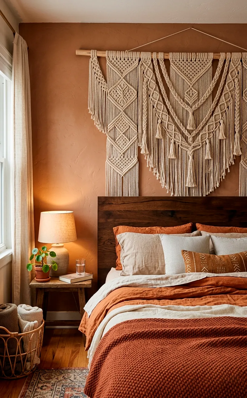 Intricate cotton macrame wall hanging mounted above a wooden headboard on an earthy clay-painted wall.