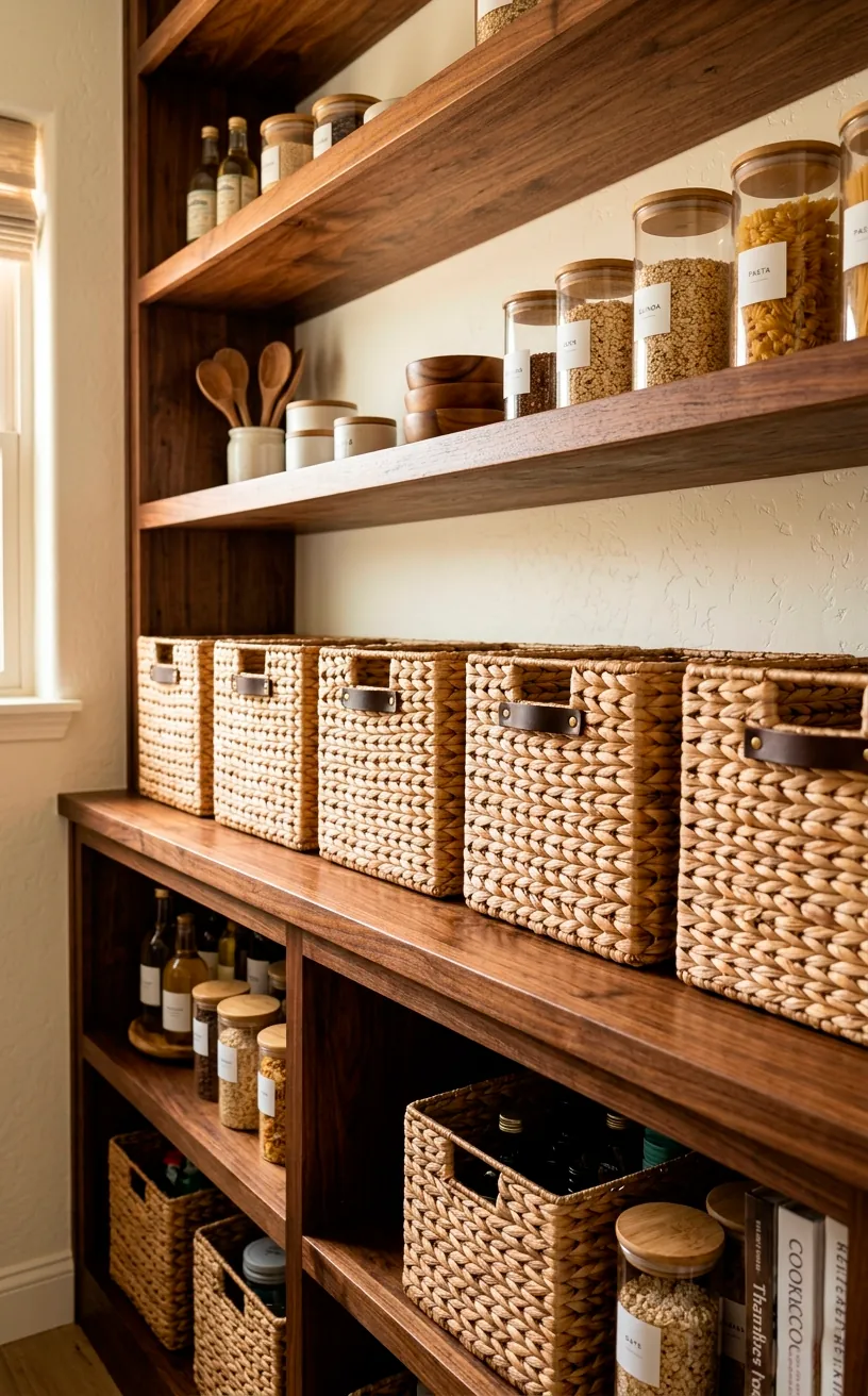 Light woven storage baskets resting on dark warm walnut pantry shelves for a contrasting texture.