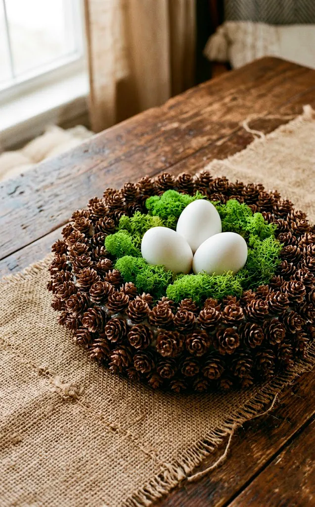 Nest made of pinecones and reindeer moss holding white ceramic eggs.