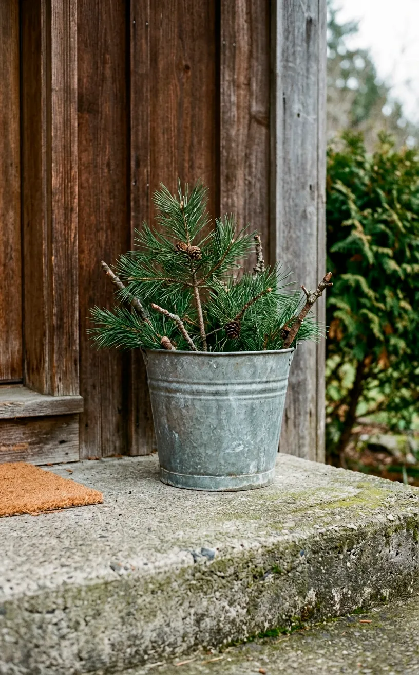 Minimalist outdoor holiday decor featuring simple fresh pine boughs arranged beautifully in a galvanized bucket.