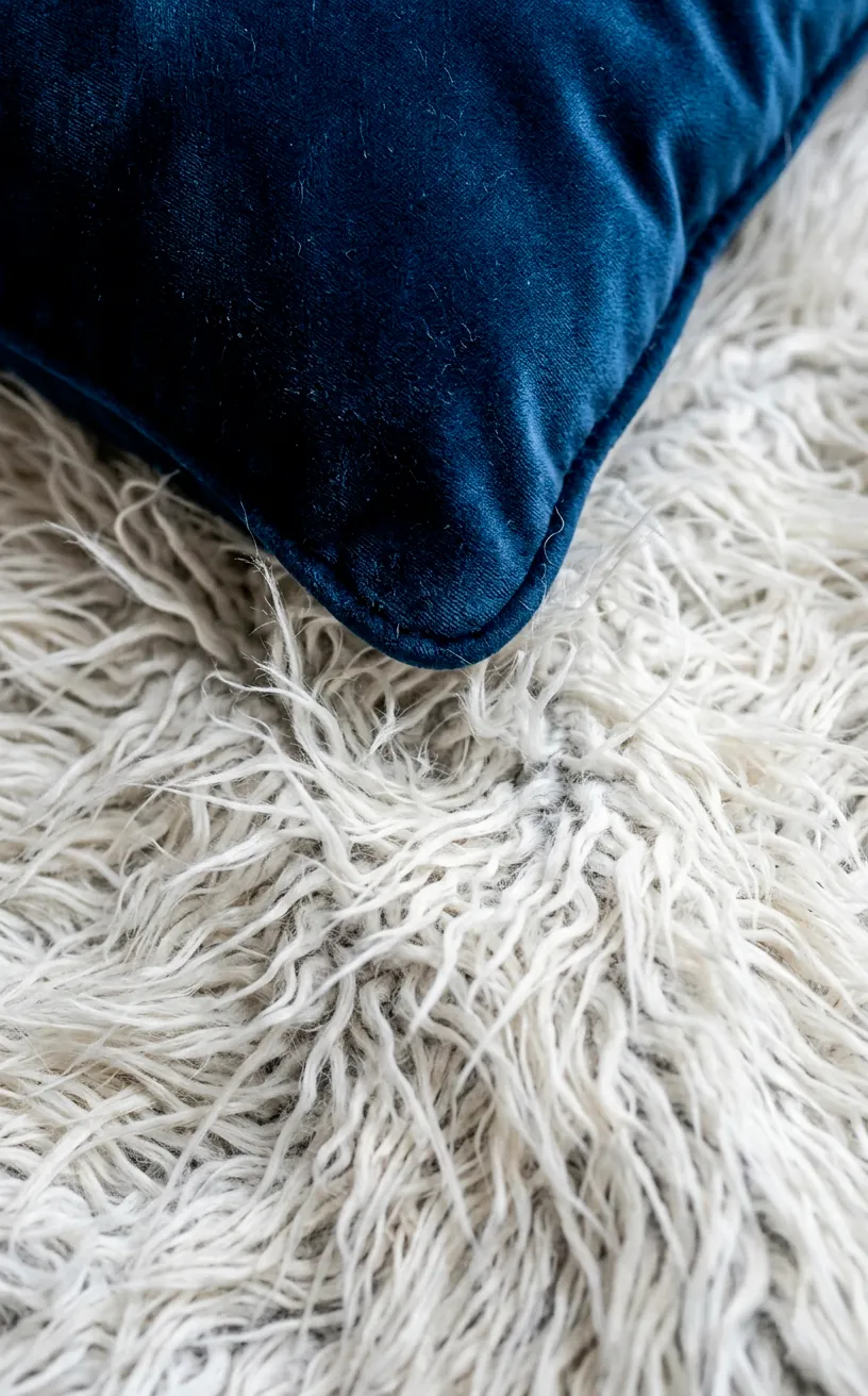 A navy blue velvet accent pillow resting on top of a fluffy white faux fur blanket