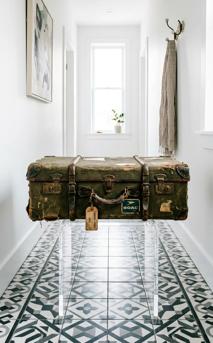Olive green vintage suitcase on clear acrylic legs in a narrow hallway.
