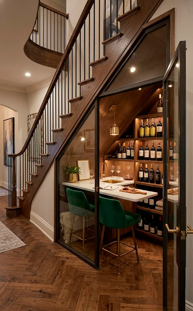 Cozy micro tasting room under wide stairs with quartz counter and emerald velvet stools