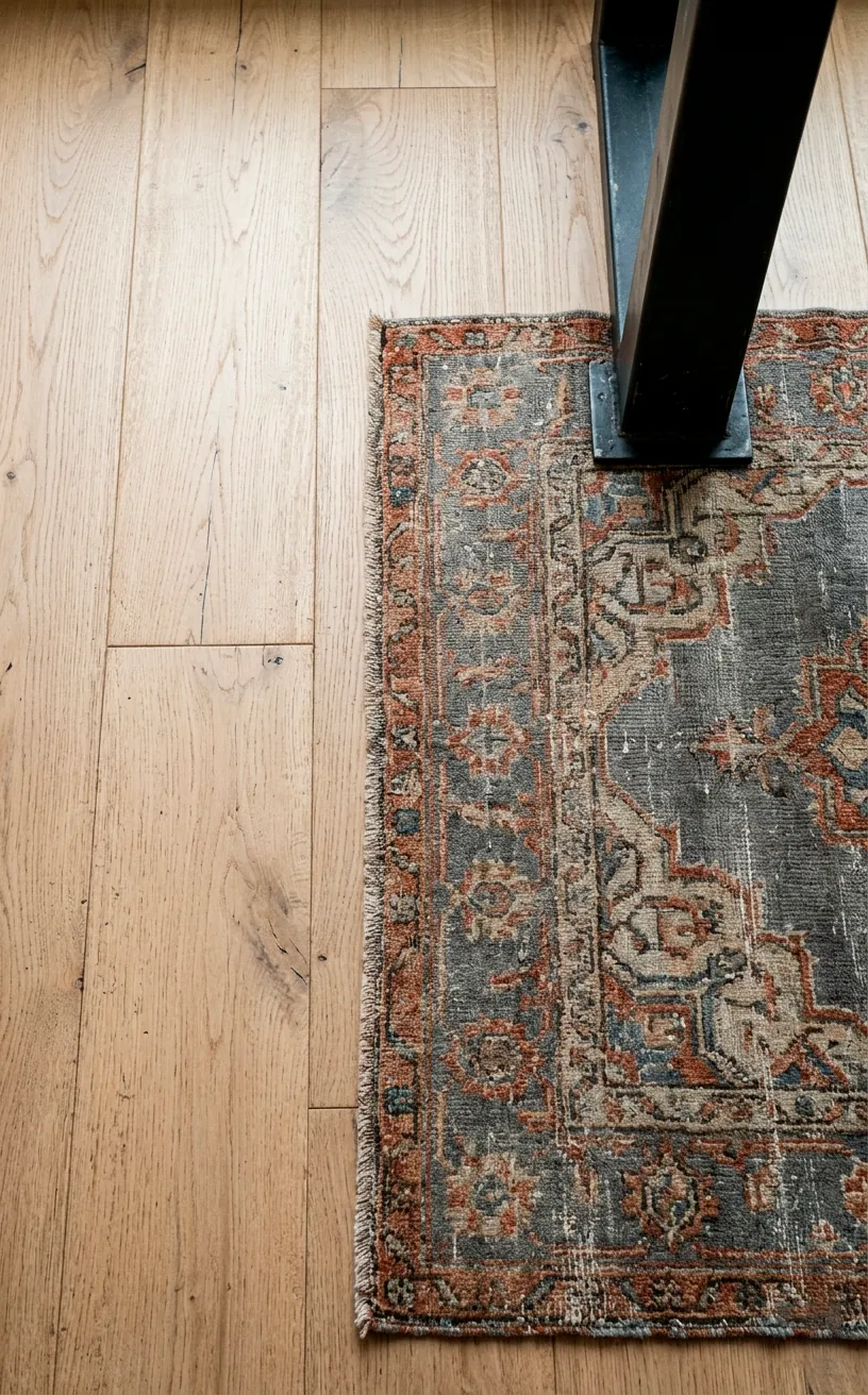 White oak kitchen floor with a vintage faded Persian runner rug.