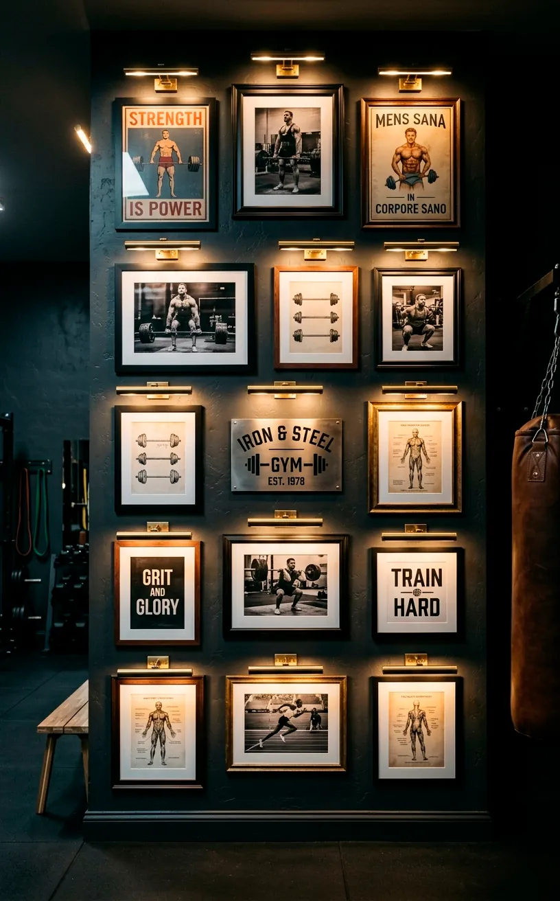Brass picture lights illuminating framed art on a dark gym wall.