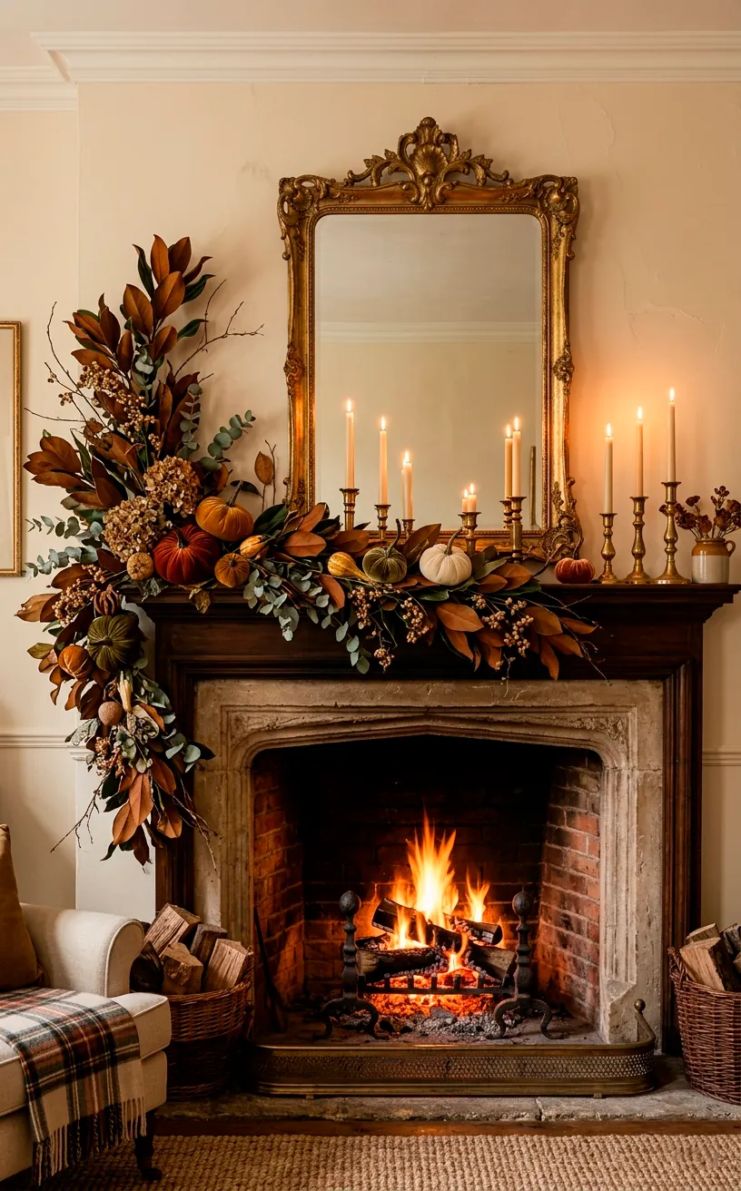Fireplace mantle decorated with dried magnolia garland and brass candlesticks