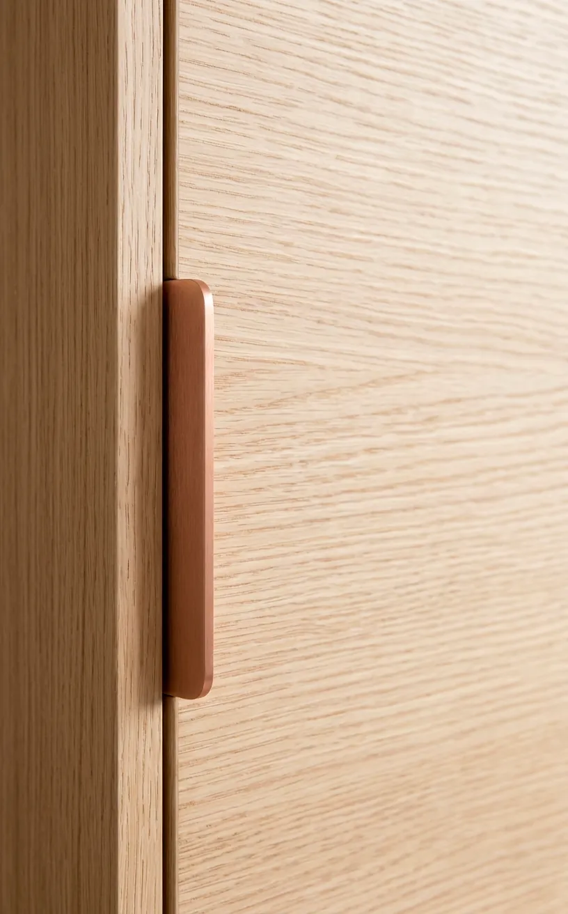 Minimalist copper edge pull on a light oak kitchen cabinet.