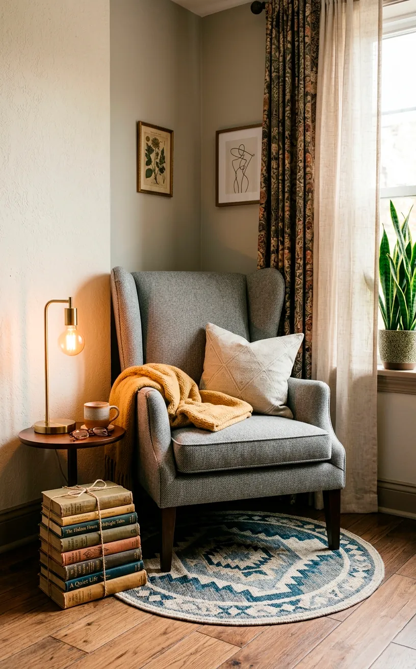 Modern grey wingback chair on a round geometric rug in a vintage-inspired bedroom corner