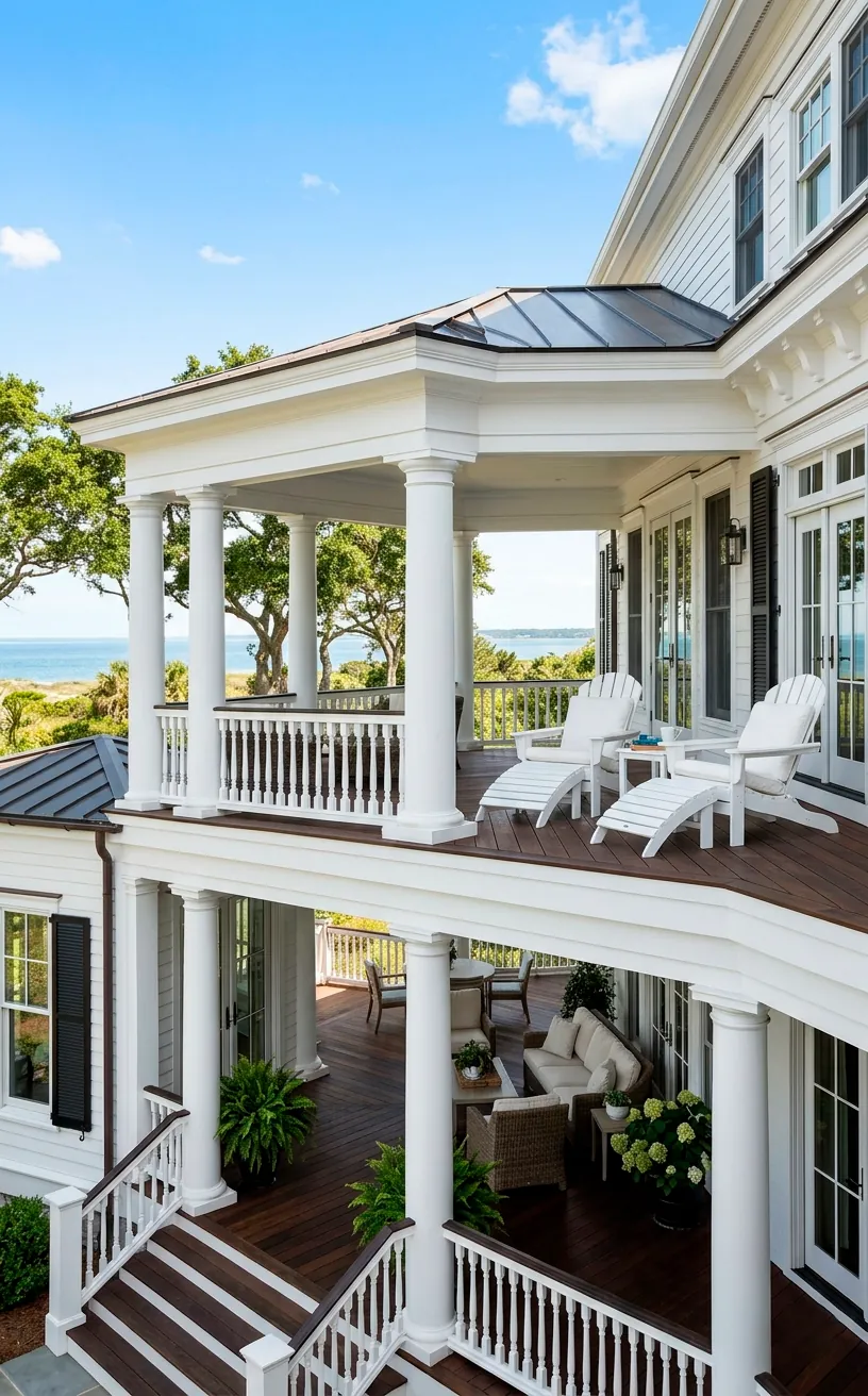 A massive two-story double-decker white wrap-around porch with stacked farmhouse columns.