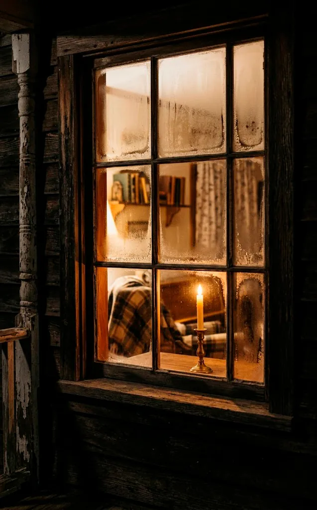 A glowing electric taper candle sitting in a dark frosty window