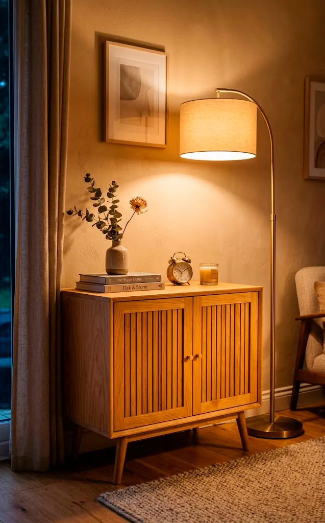 Light oak side cabinet illuminated by a modern floor lamp emitting a warm soft glow in a cozy room.