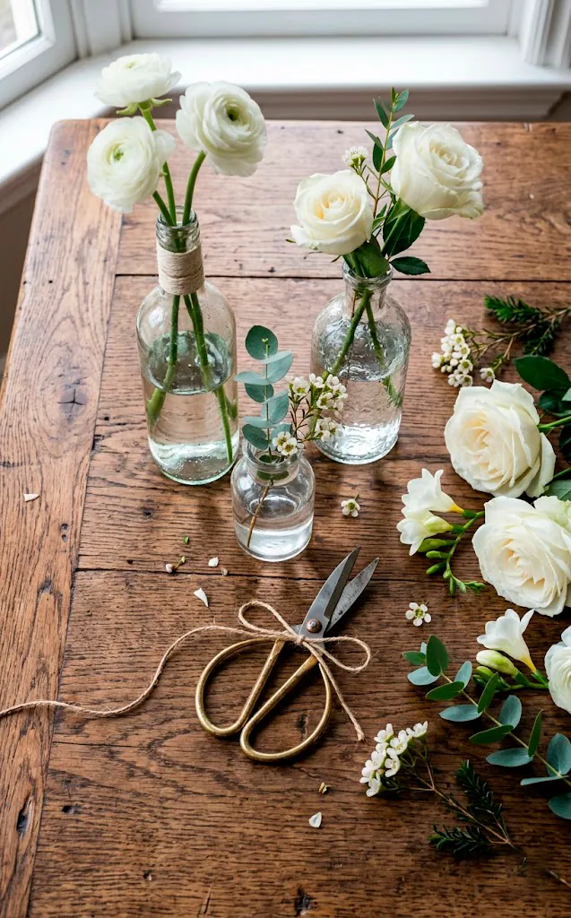 Upcycled glass bottles and floral scissors with white blooms on a wooden table