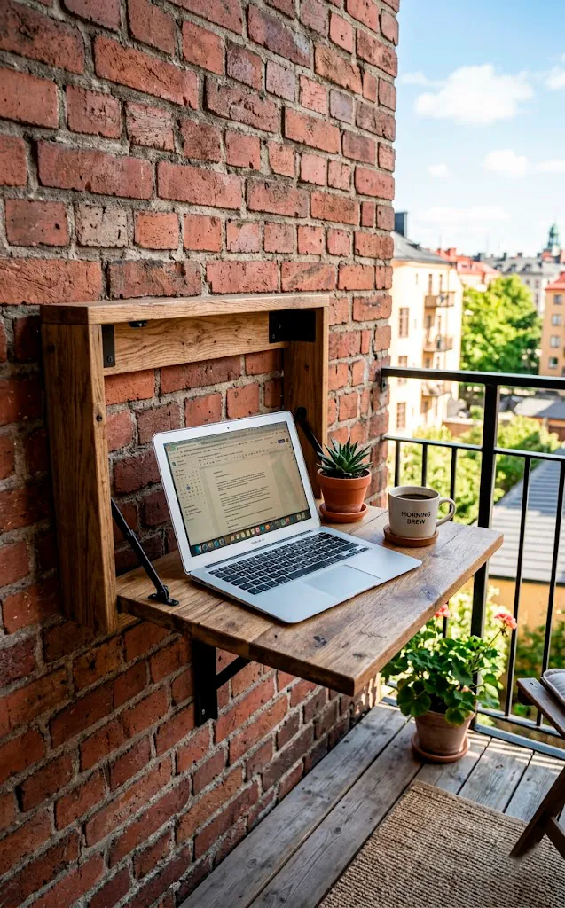 A wall-mounted drop-leaf wooden desk attached to a brick wall with a laptop and coffee mug.