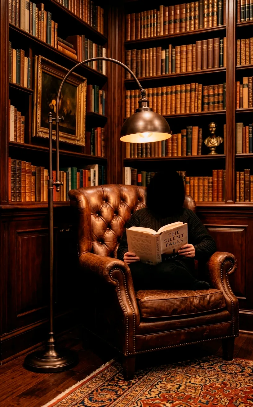 A pharmacist-style bronze floor lamp arching over a leather reading chair.
