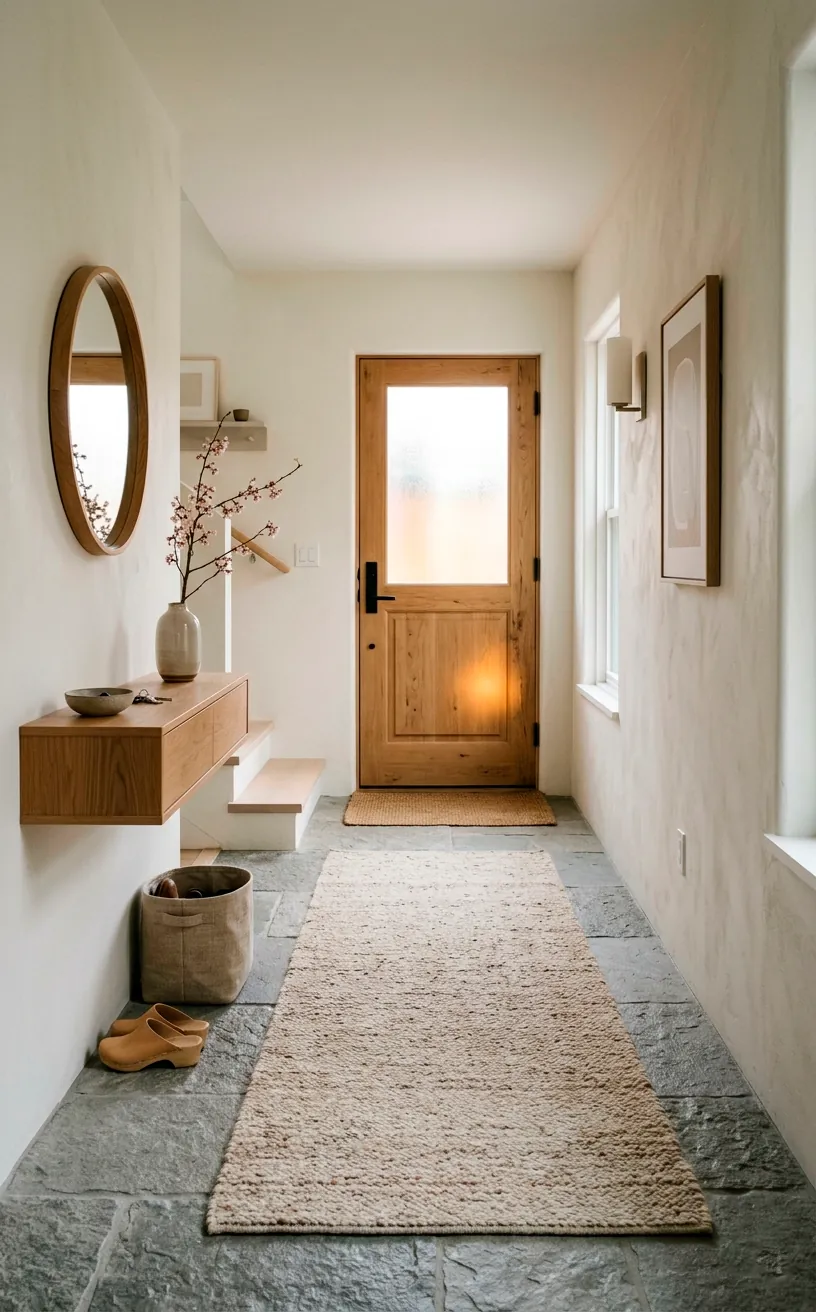 Raw stone floor tiles meeting a soft wool and silk runner rug in a Japandi entrance