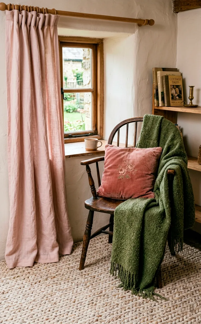 Cozy cottage corner highlighting warm textures like a pale pink linen curtain and a green wool blanket.
