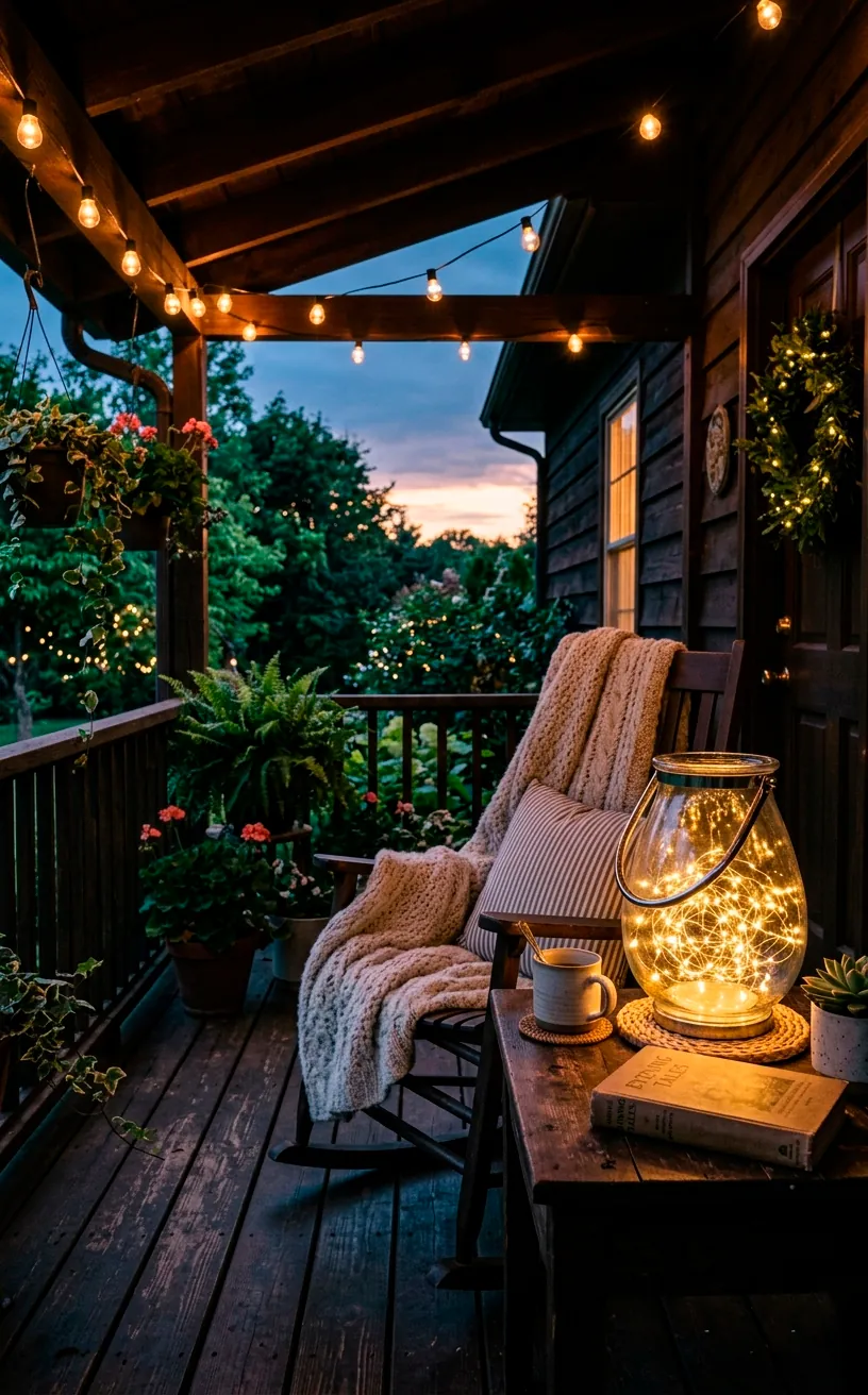 Cozy twilight porch illuminated by warm Edison string lights and a glass hurricane filled with fairy lights.