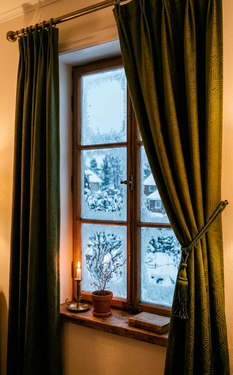 Heavy olive-green winter curtains with a glossy interlocking geometric pattern framing a window