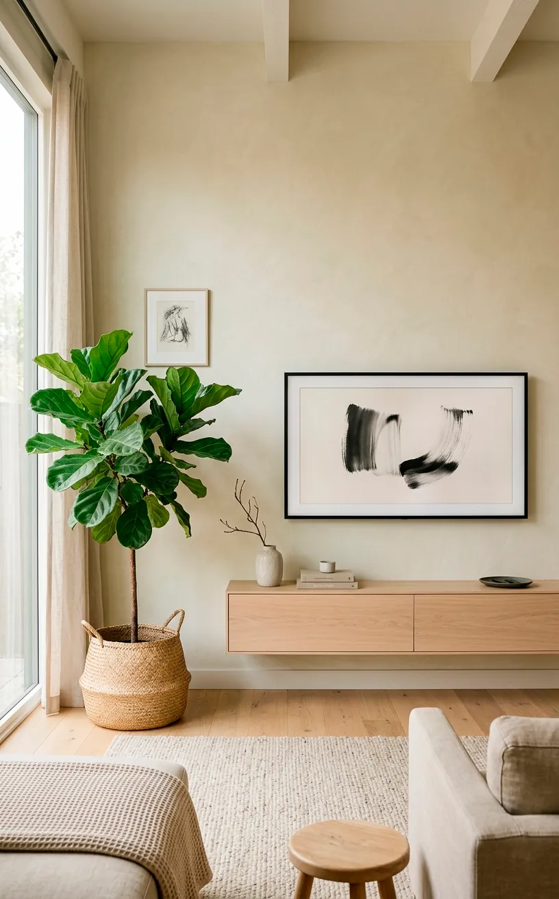 Fully integrated Japandi TV wall with hidden wires, a floating console, and a leafy indoor tree.