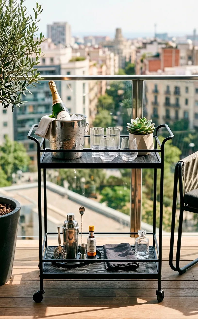 Slim weather-resistant black metal bar cart styled with acrylic glassware on a balcony