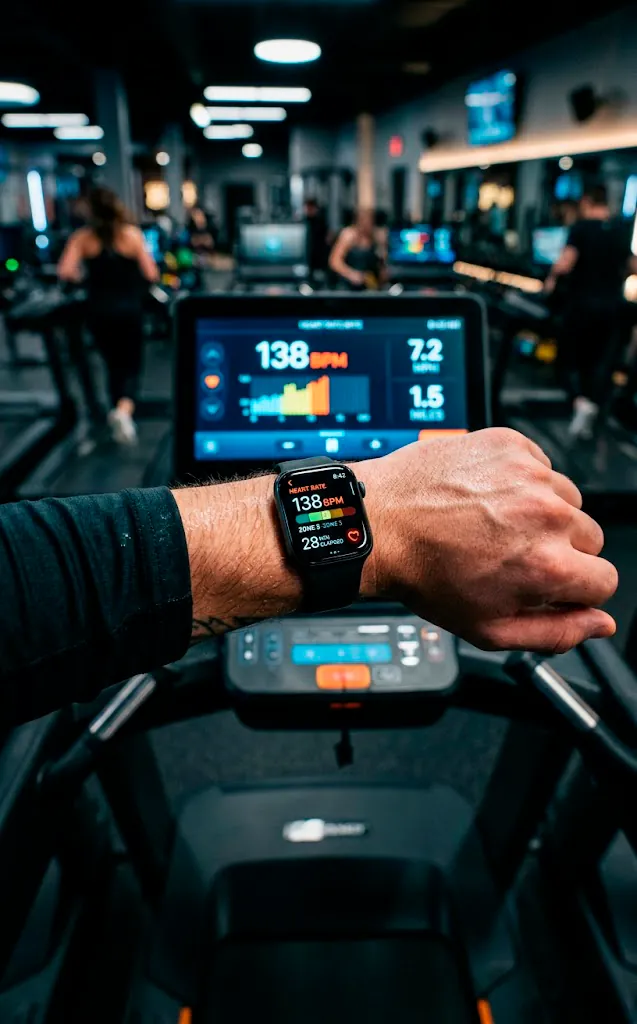 Close-up of a sleek smartwatch displaying heart rate data with a smart treadmill blurred behind it.