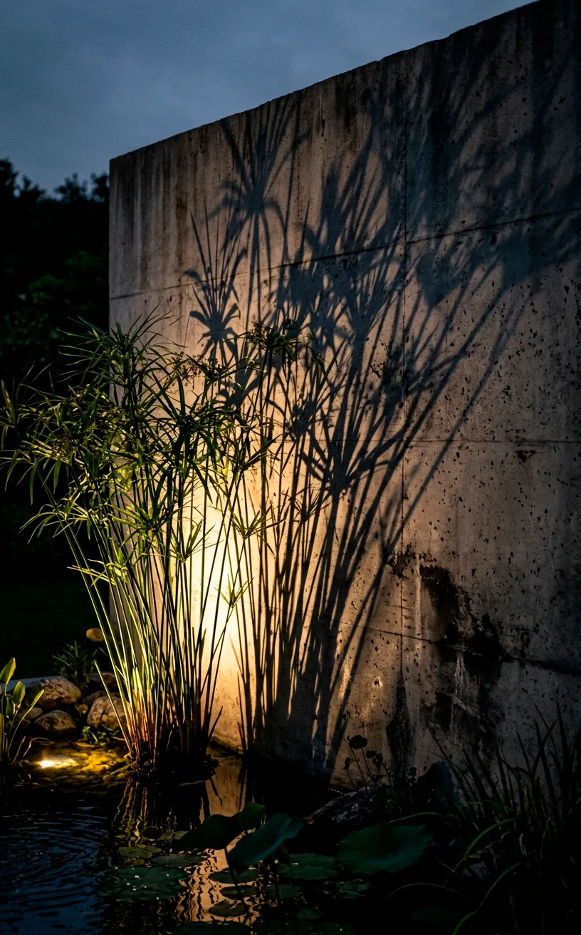 Architectural water plant creating a dramatic shadow on a concrete wall via backlighting