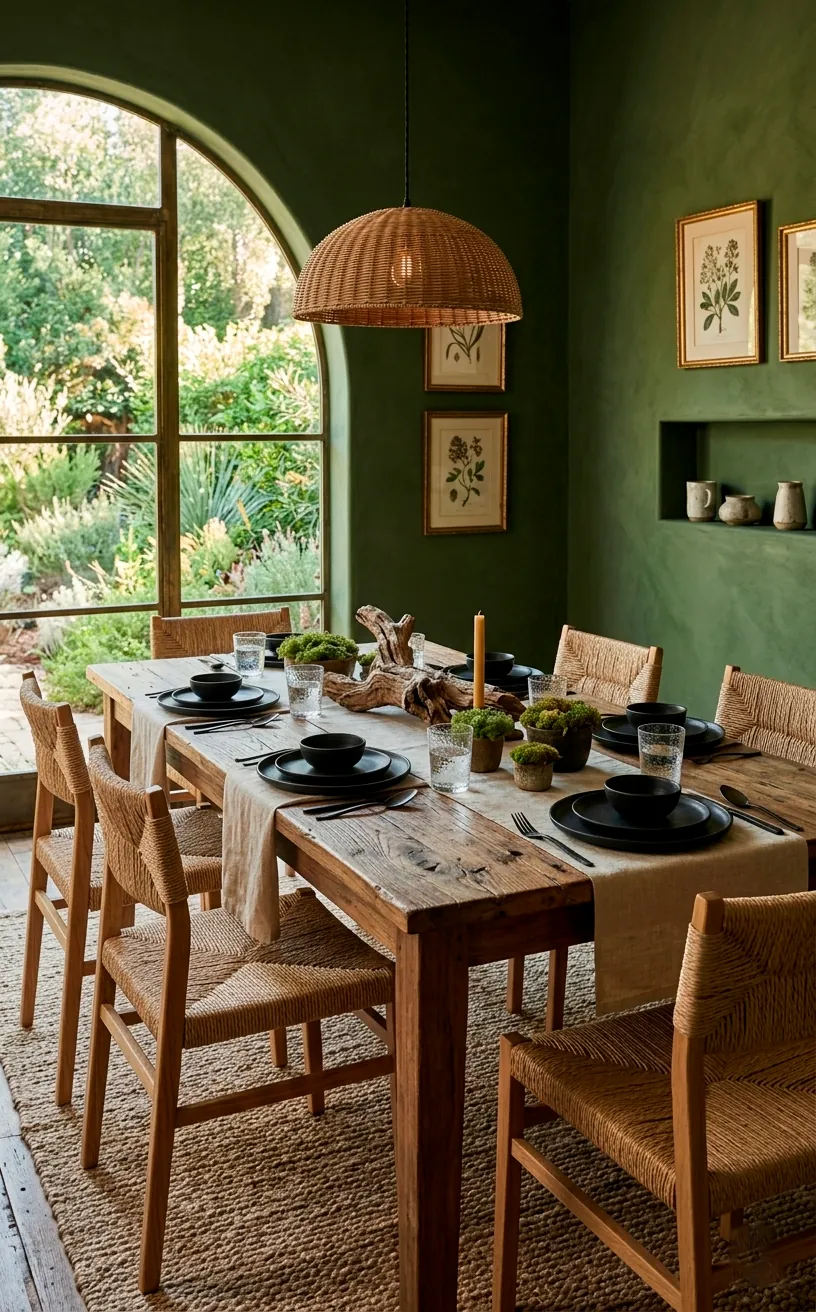 Earthy moss green dining room showcasing a weathered teak dining table alongside woven cord chairs.