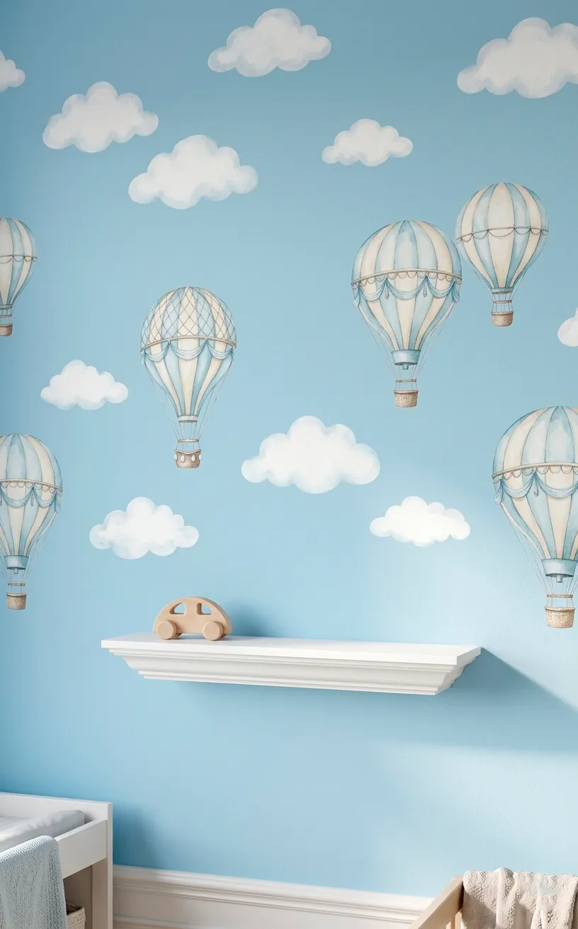 Light blue nursery wall featuring soft pastel watercolor hot air balloon and cloud decals.