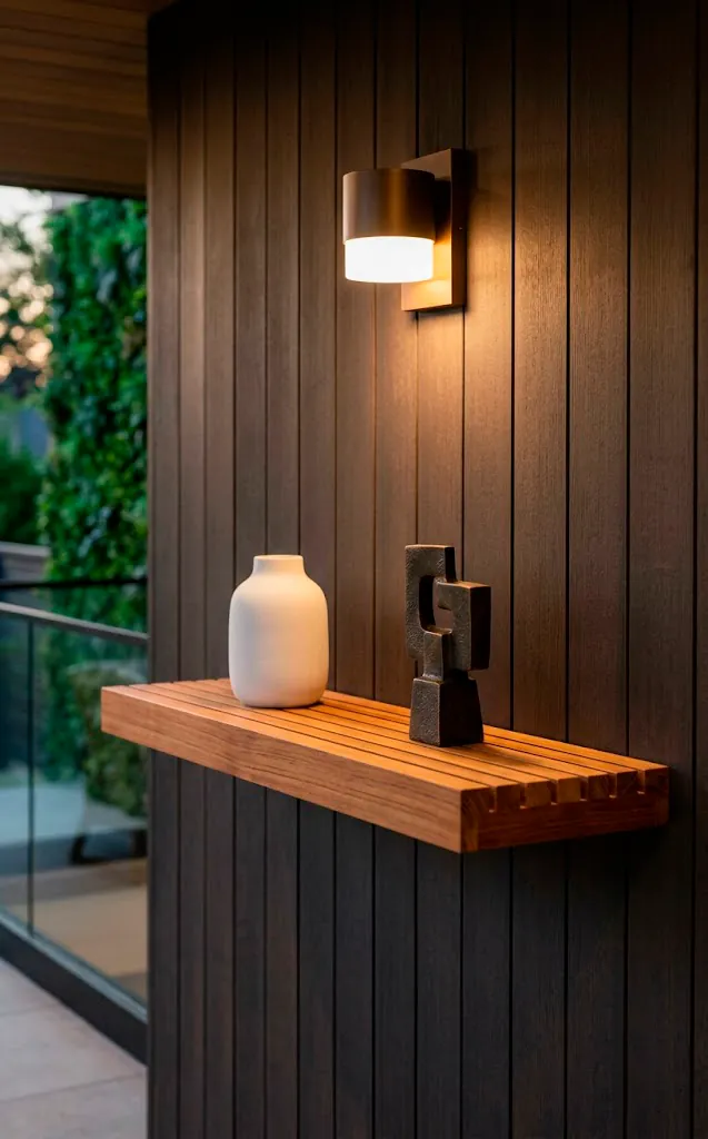 Sleek slatted teak floating shelf with minimalist pottery on a luxury modern small front porch wall.