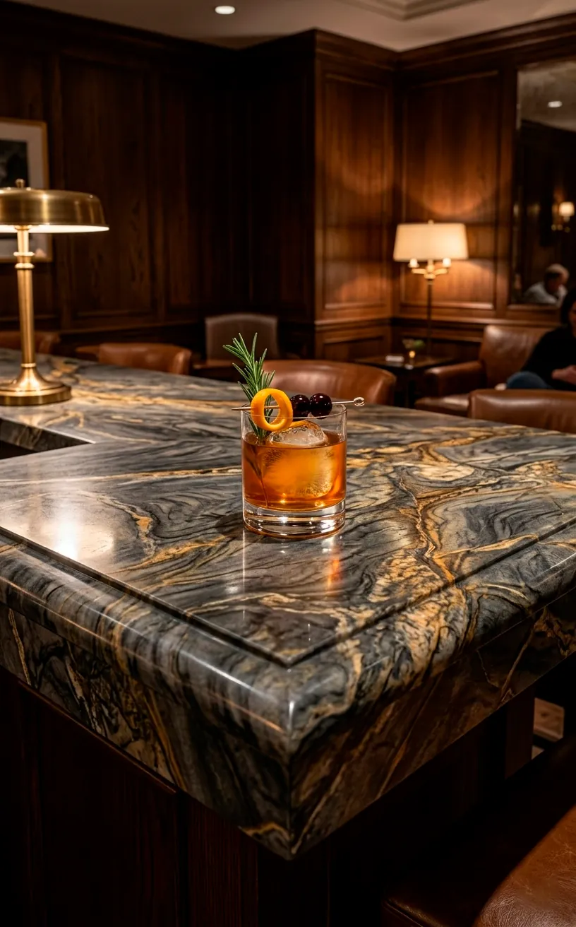 A luxury natural quartzite countertop with dramatic veining in an upscale, moody home bar setting.