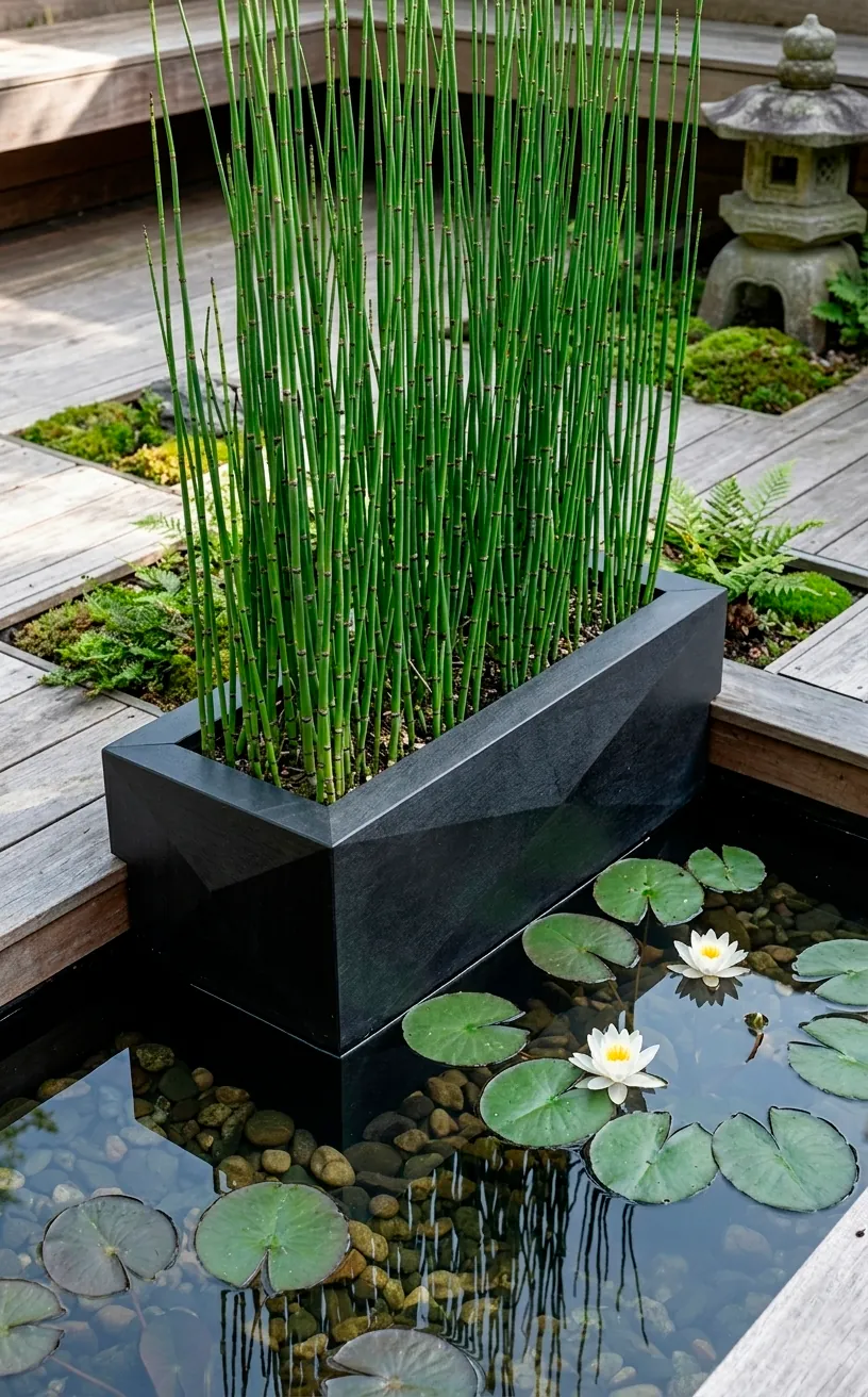 Architectural pond plants in a modern integrated deck planter.