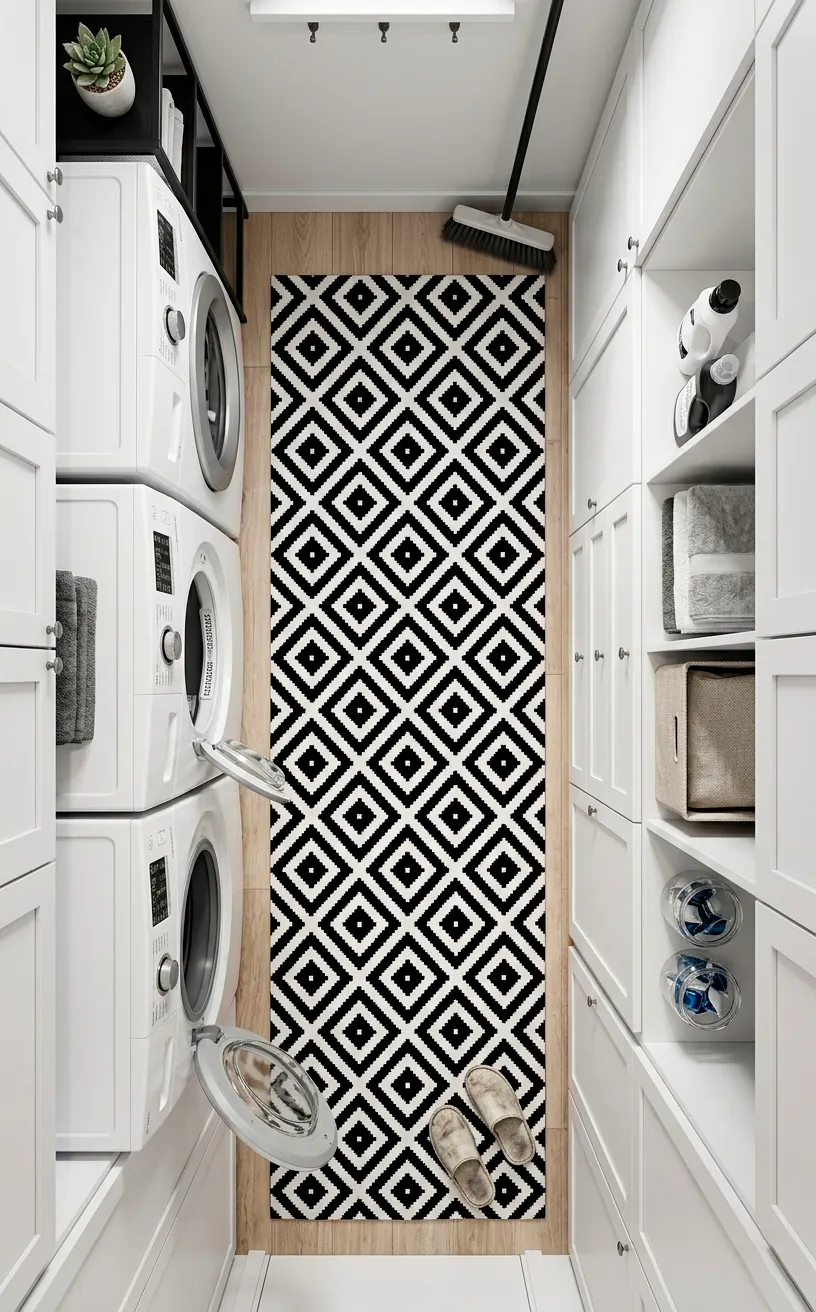 A contemporary black and white diamond patterned runner rug on a modern laundry room floor.