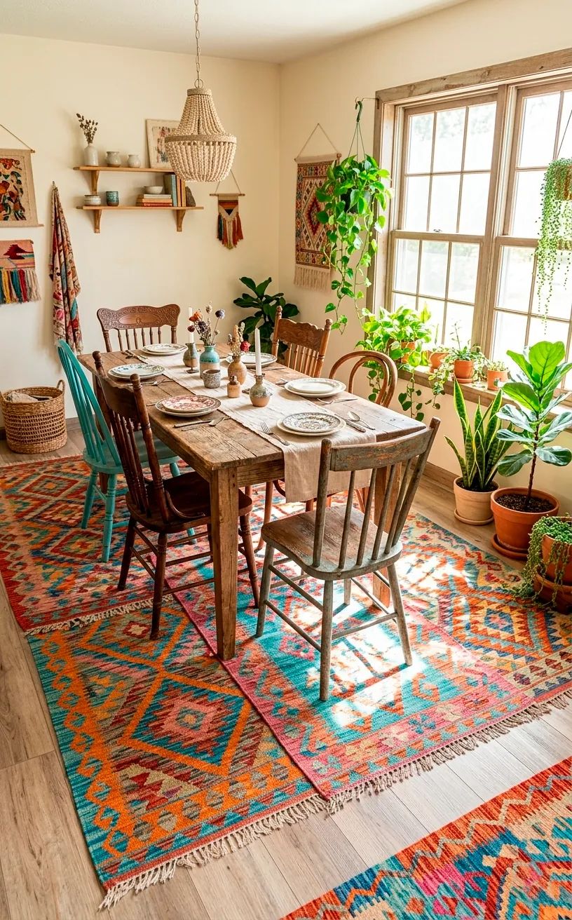 Overlapping colorful Kilim rugs in a bohemian-style dining room with a farm table.