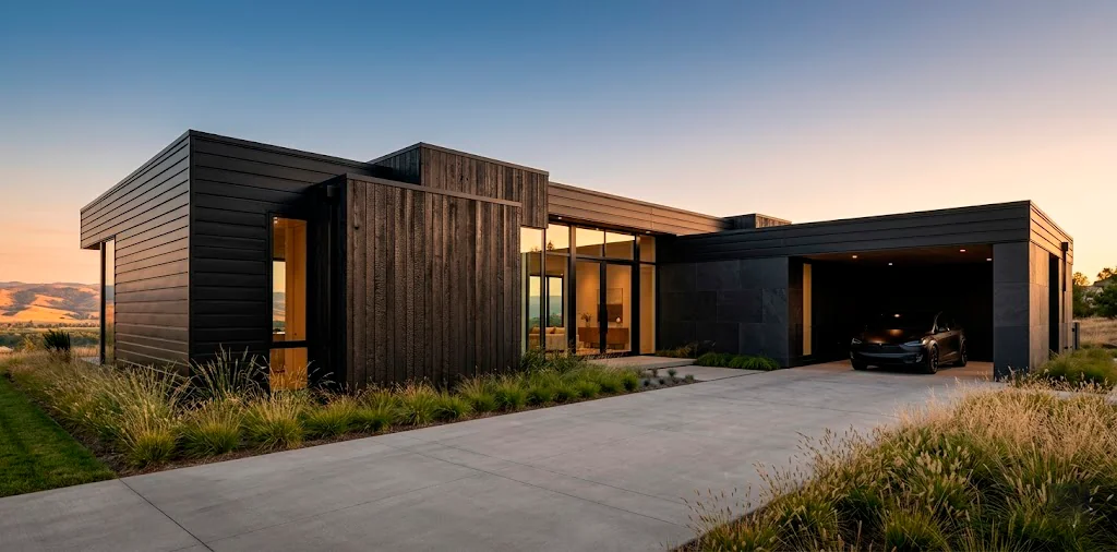 Modern home exterior featuring multiple textures of black paint and charred wood during golden hour.