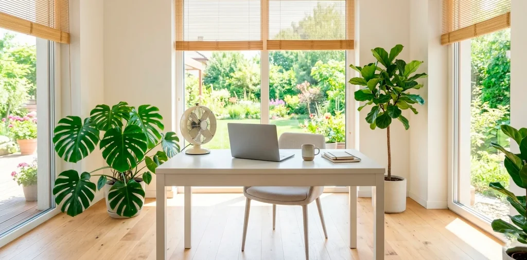 A wide 2:1 panoramic view of a bright, airy summer home office with plants, a desk fan, and natural light.