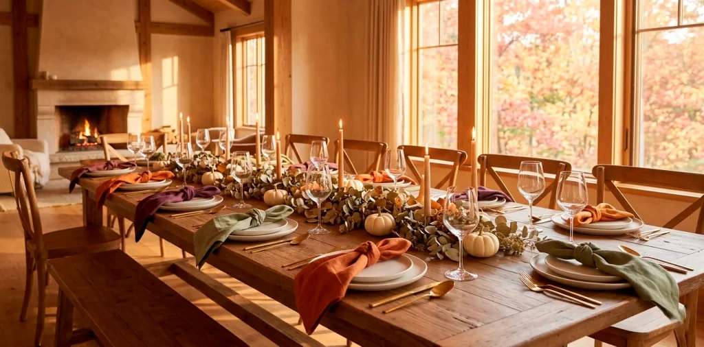 Wide shot of an elegant Thanksgiving table featuring ten creative linen napkin folds and fall decor.