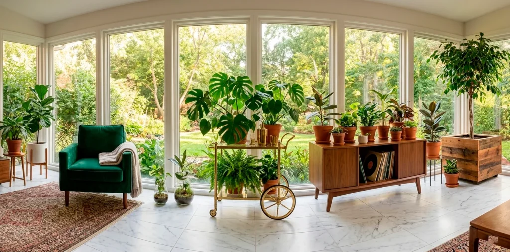 Luxe sustainable indoor garden with upcycled vintage furniture and lush tropical plants in a sunlit modern sunroom.