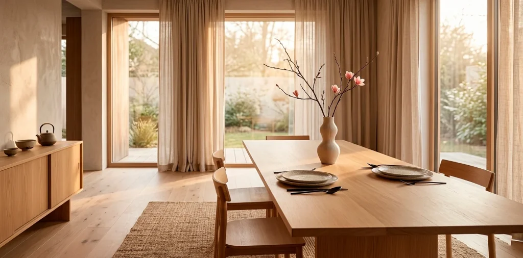 Minimalist Japandi Valentine's Day dining table with stoneware and organic wooden textures in a bright room.